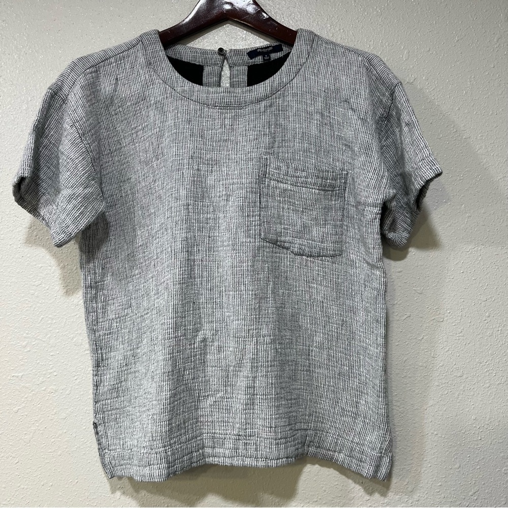 Madewell Casual Blouse White and Black Short Sleeve Top Pocket Detail Size Small